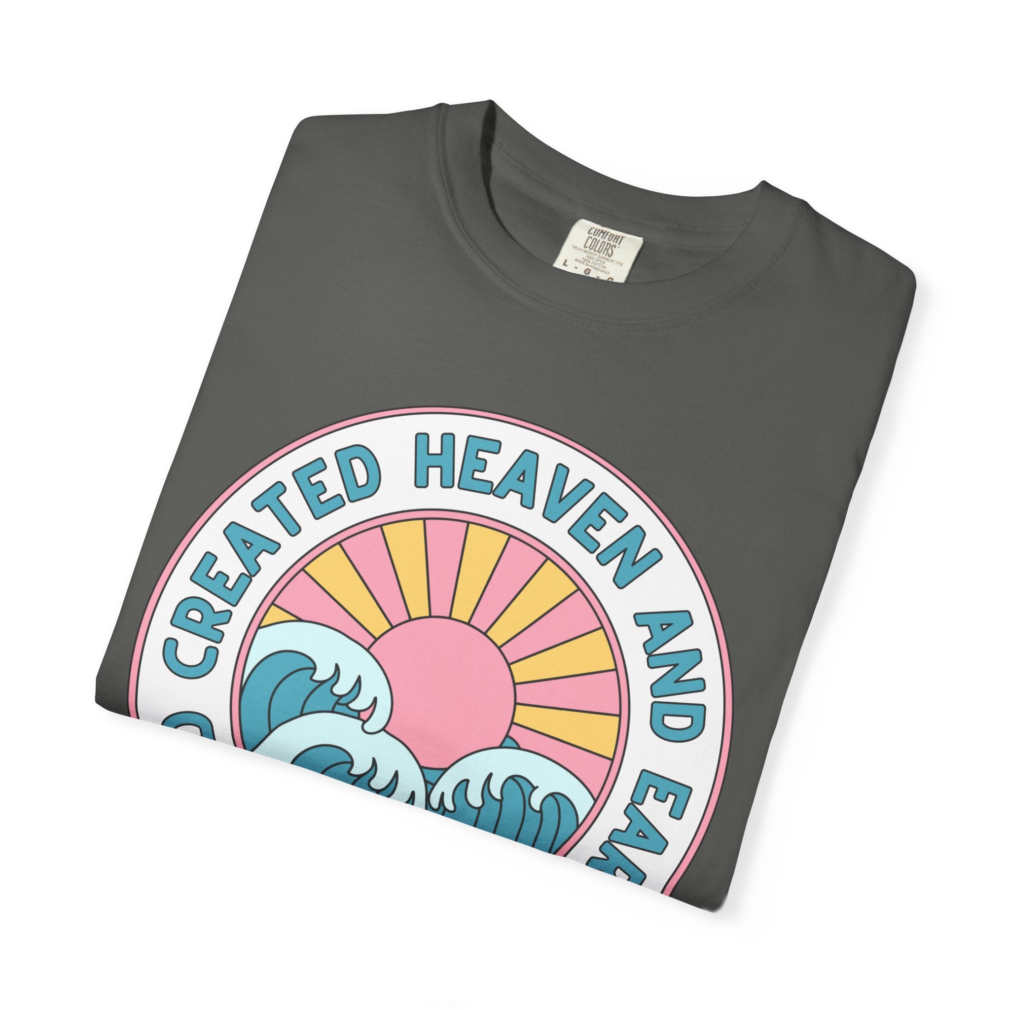 Faith Sunrise T-Shirt — "God Created Heaven and Earth" Retro Wave Tee