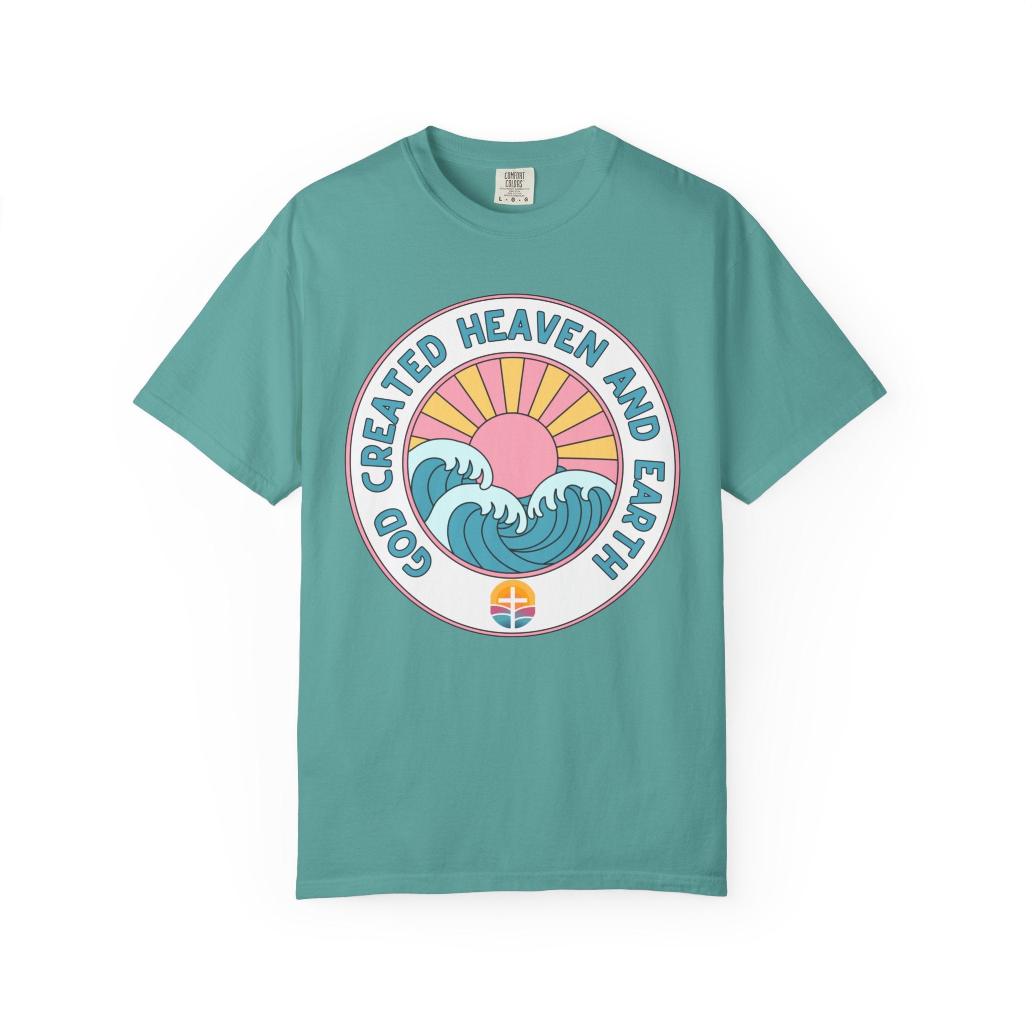 Faith Sunrise T-Shirt — "God Created Heaven and Earth" Retro Wave Tee