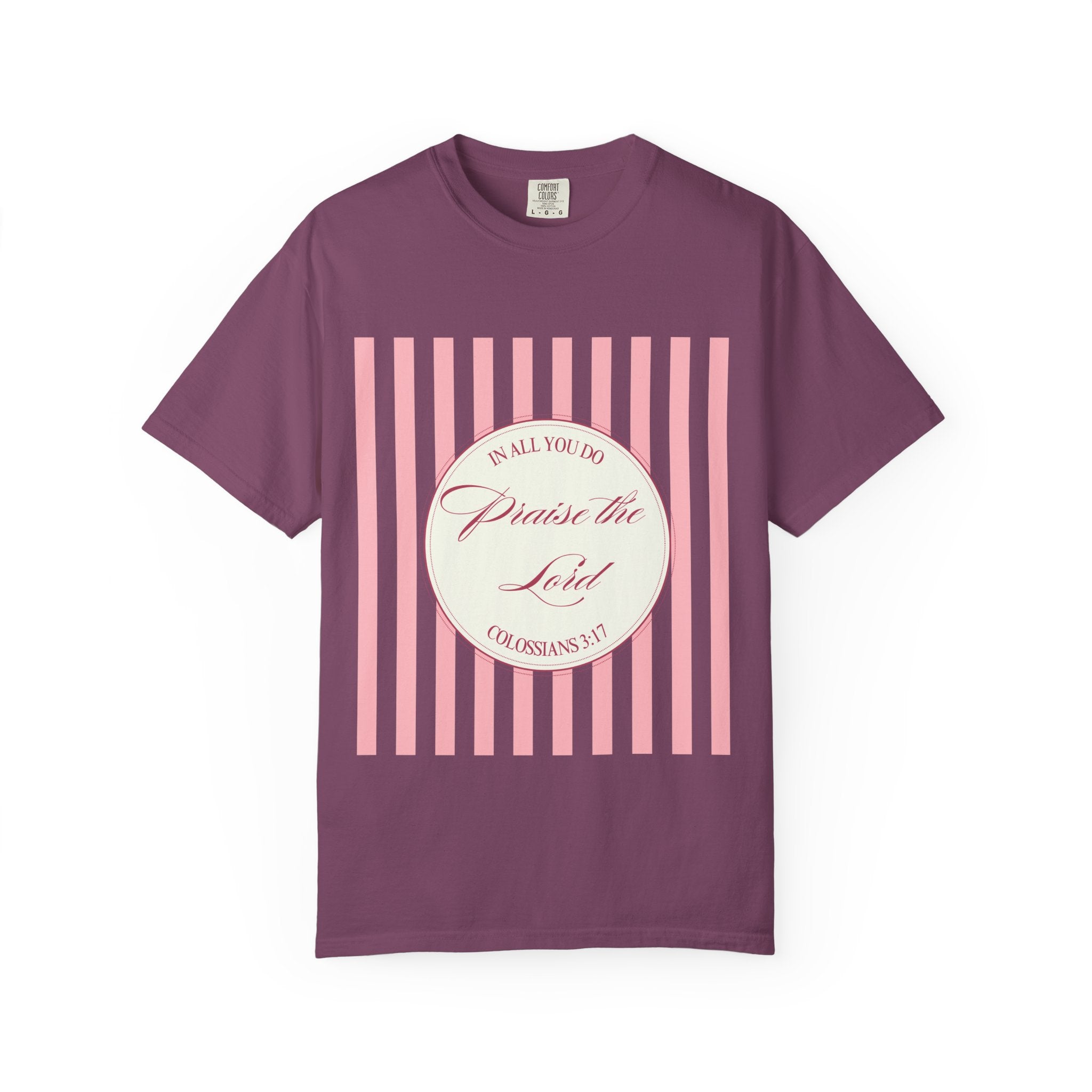 Praise the Lord T-Shirt — Pink Striped Christian Faith Tee (Colossians 3:17)