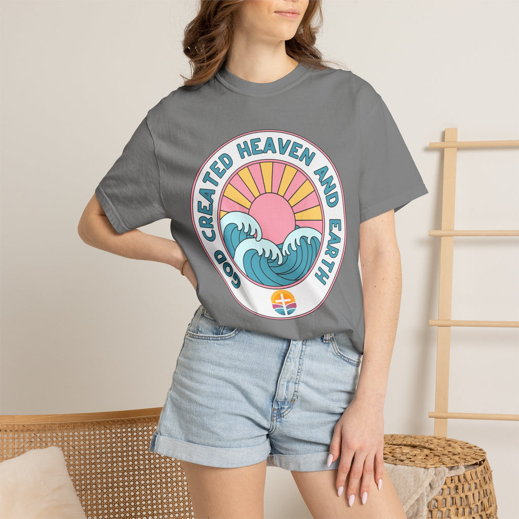 Faith Sunrise T-Shirt — "God Created Heaven and Earth" Retro Wave Tee