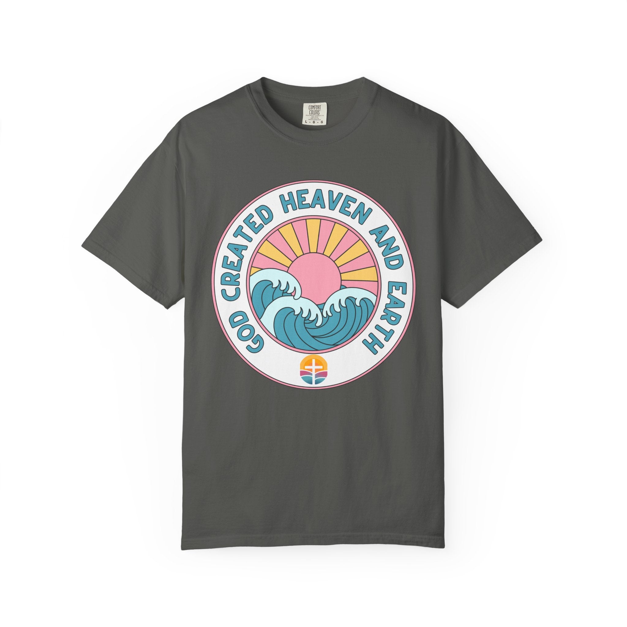 Faith Sunrise T-Shirt — "God Created Heaven and Earth" Retro Wave Tee