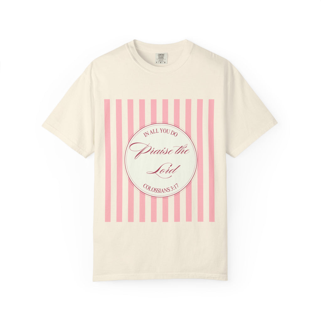 Praise the Lord T-Shirt — Pink Striped Christian Faith Tee (Colossians 3:17)