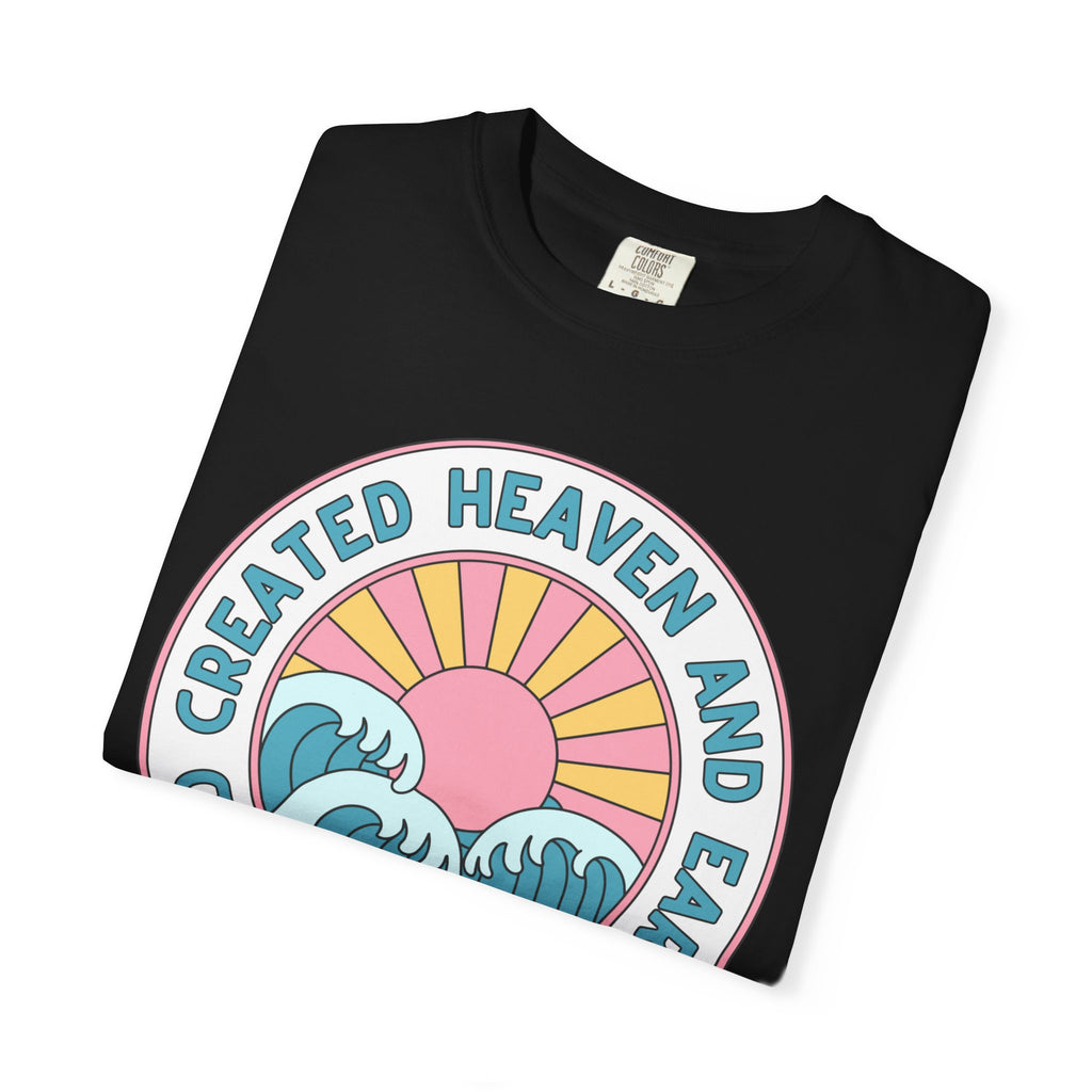 Faith Sunrise T-Shirt — "God Created Heaven and Earth" Retro Wave Tee