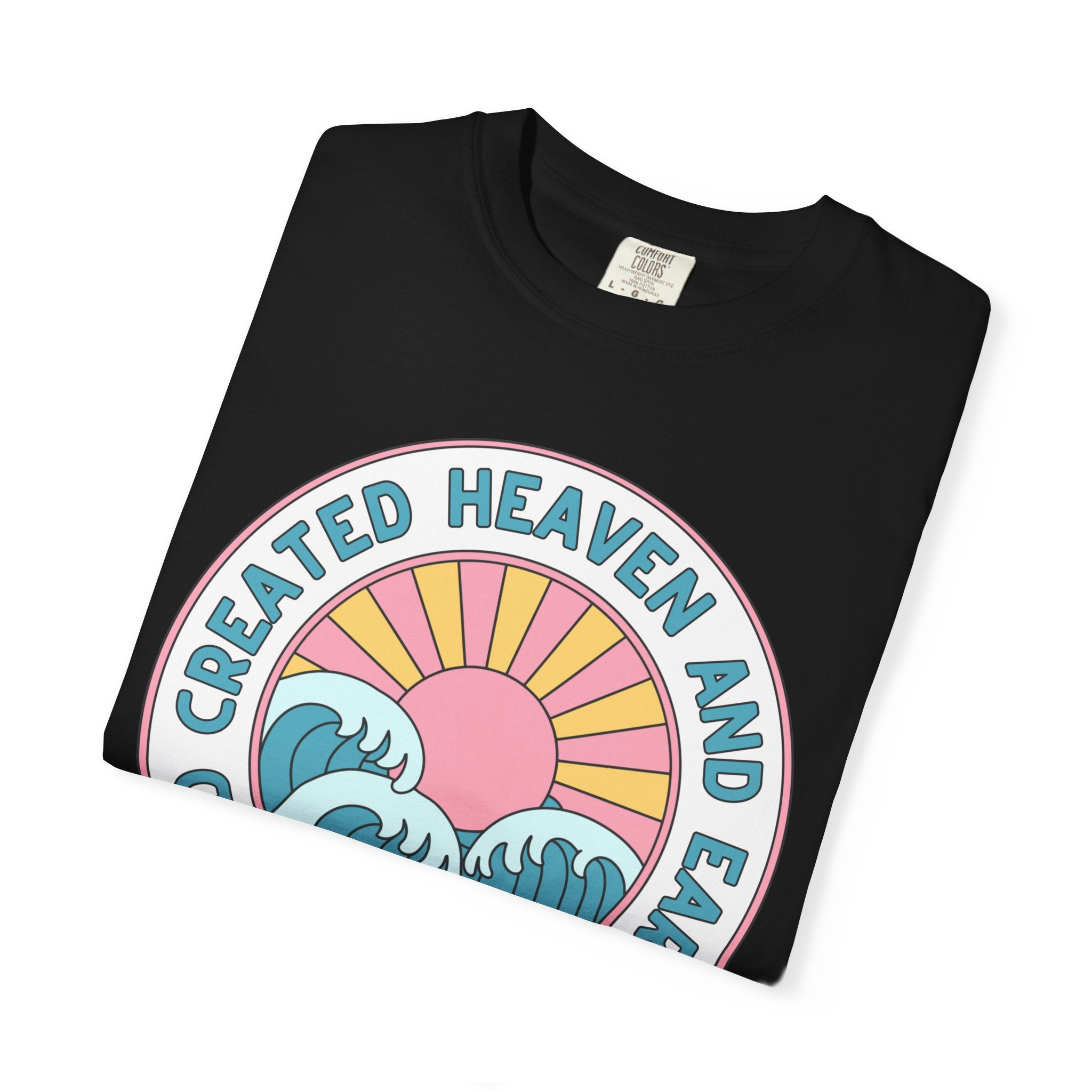 Faith Sunrise T-Shirt — "God Created Heaven and Earth" Retro Wave Tee