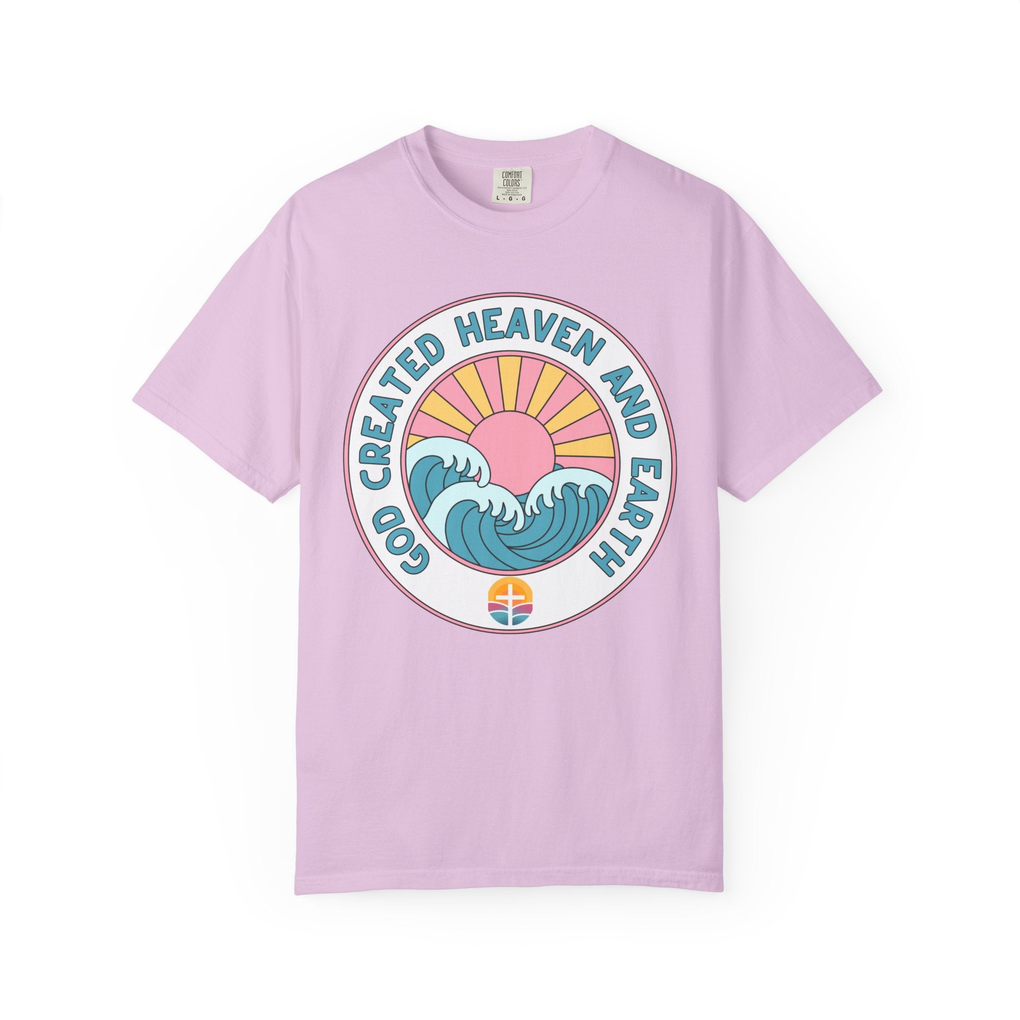 Faith Sunrise T-Shirt — "God Created Heaven and Earth" Retro Wave Tee